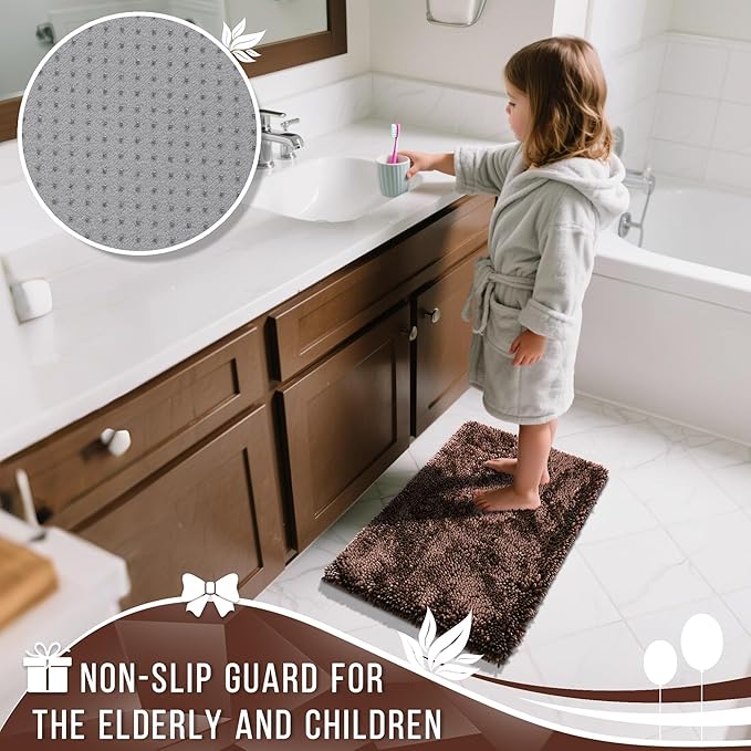 Yimobra Bathroom Rug Set 2 Piece, Luxury Shaggy Bath Mat Set with Non Slip Backing, Ultra Soft & Absorbent Mats for Bathroom Floor, Machine Washable, 31.5"x20"+24"x17", Brown