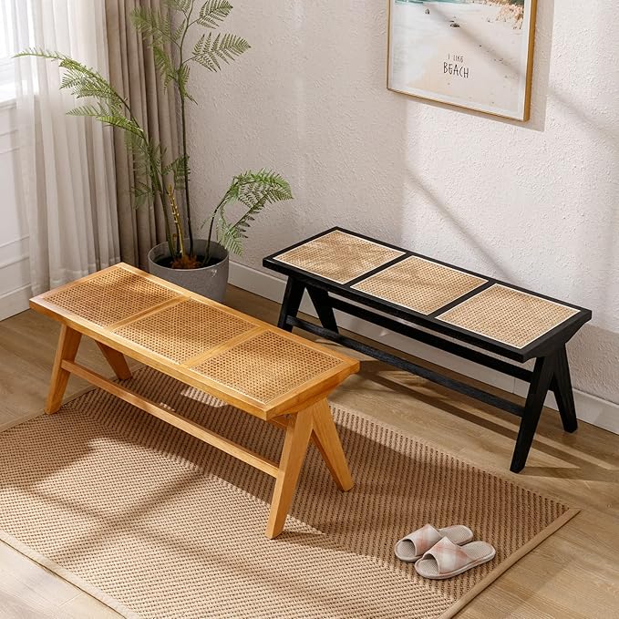 Farmhouse Rattan Entryway Bench, Wood Cane Dining Bench Long Seat with Footrest, Wicker End of Bed Storage Bench for Bedroom Living Room Dining Room Hallway, Natural
