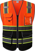 JKSafety 9 Pockets High Visibility Dual Color Zipper Front MESH Lite Safety Vest | Yellow Color Triming Reflective Strip | ANSI/ISEA Standards (100-Orange-Black, L)