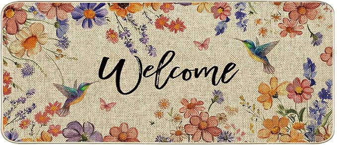 Wildflower Welcome Doormat 17"x36", Flower Spring Door Mat Indoor Entrance, Indoor Front Door mat, Non Slip Outdoor Entrance Mats, Low Profile Design Patio Porch Entryway Mats