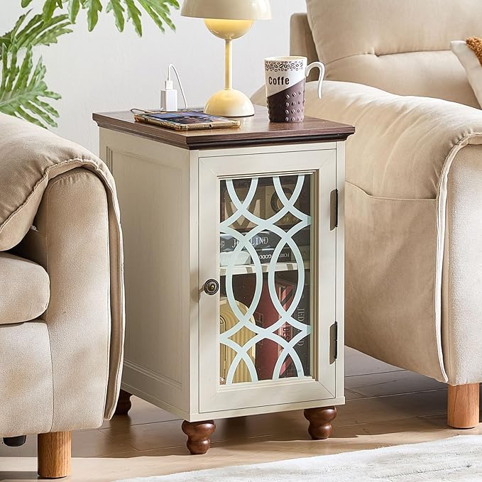 Narrow Side Table with Charging Station, Night Stand with Glass Door, Bedside End Tables with Adjustable Shelf Storage Cabinet,Wood Nightstand for Small Spaces Living Room Bedroom
