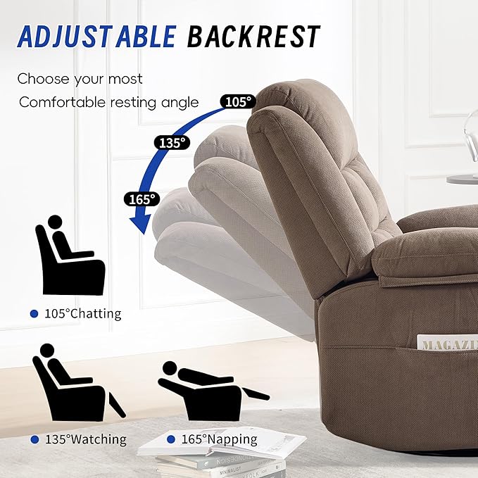 Swivel Recliner Chair for Adults with Massage and Heating,Manual Glider Rocking Recliner Chair with Cup Holds and Pockets,Reclining Rocker Chairs for Living Room Bedroom R8811 (Coffee)