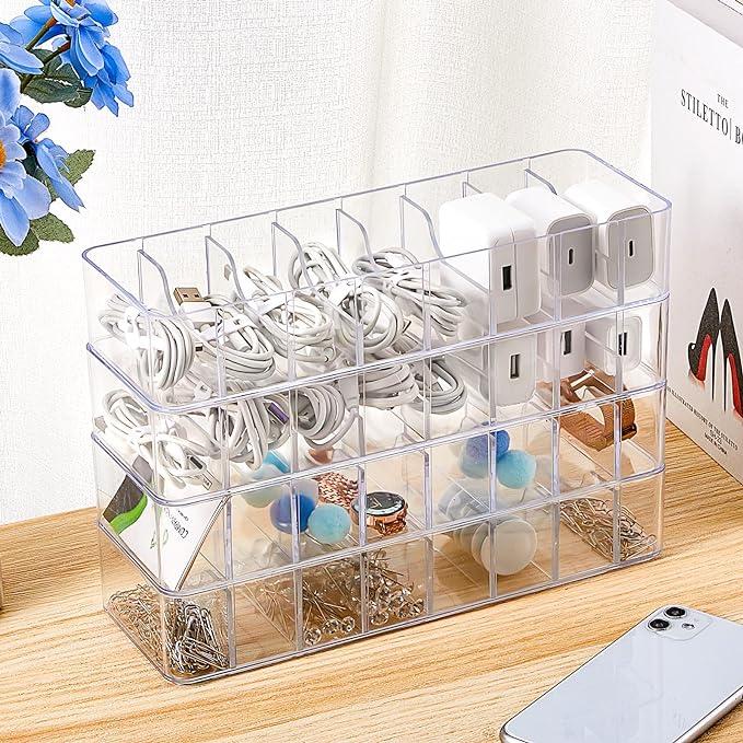Tatuo 4 Pcs Cable Organizer with 40 Wire Ties, Plastic Cord Storage Charger Box Electronics Organizer with Adjustment Compartments Cable Storage for Drawer Home Office Desk Accessories (Clear)