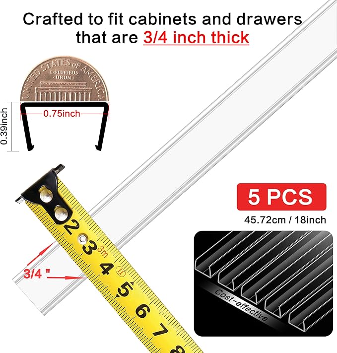 MONOID Drawer Edge Protector, Slip-On Clear Table Corners Guards, Door Kitchen Furniture Bumper, Prevent Wear, Impact Protection, Ease to Cut, 3/4" Thick, 18" Length – Clear, Pack of 5
