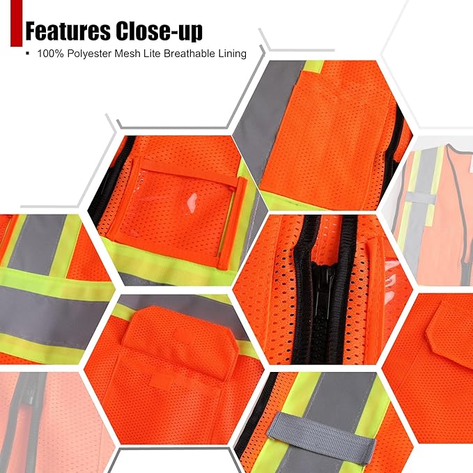 Reflective Safety Vest for Men Women Hi Vis Vest with Pockets High Visibility Vest Mesh Construction Vests Meets ANSI/ISEA Standards (Orange-33, 2X-Large)