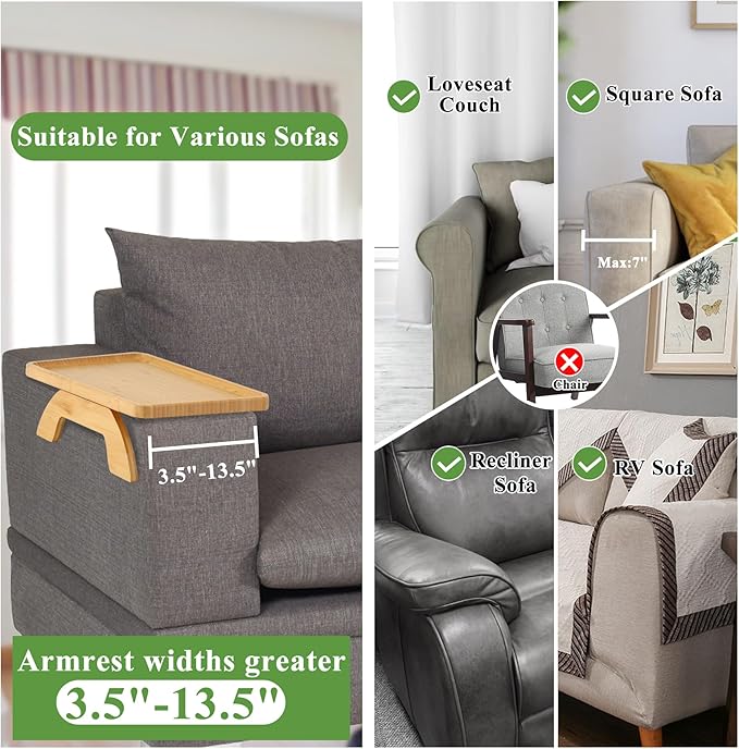 SINWANT Couch Arm Table Tray, Bamboo Sofa Arm Clip on Side Tables, Foldable Arm Rest Table for Home, Couch Arm Tray for Small Spaces Drink Eating Dinner