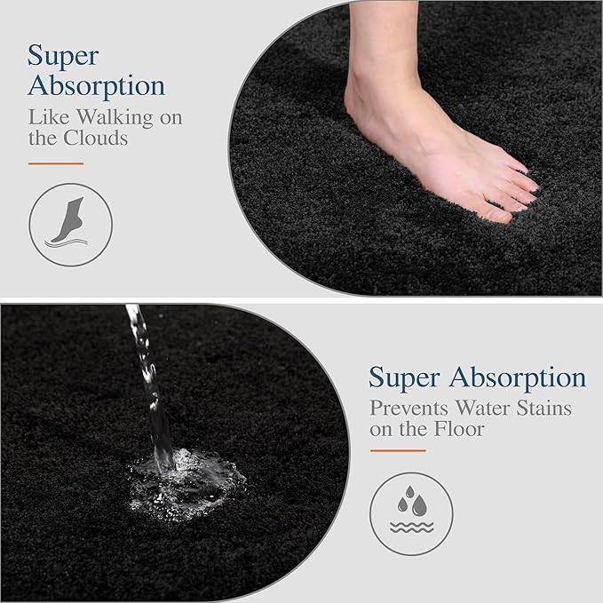 Walensee Contour Rug (20x24, Black) Non Slip Bath Mat for Bathroom Water Absorbent Soft Microfiber Shaggy Mat Machine Washable U Shape Toilet Rug