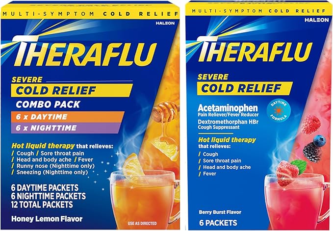 Theraflu Combo Daytime and Nighttime Severe Cold Relief Honey Lemon Flavor Powder and Daytime Severe Cold Relief Berry Burst Flavor Powder, 6 Day + 6 Nighttime, and 6 Berry Burst Packets