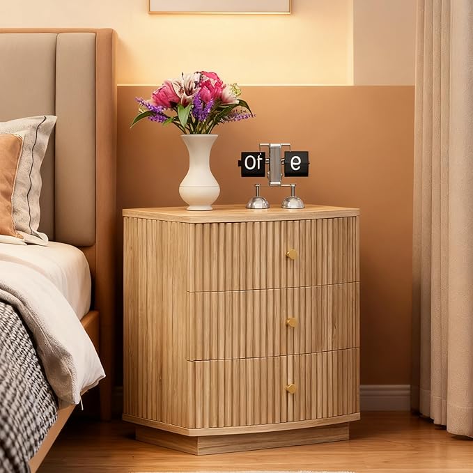Grooved Wood End Table with 6 Drawers, Curved Edge Storage Side Table, Six Drawer Nightstand Compact Sofa Bedside Table for Bedroom, Living Room and Small Spaces, Natural X2