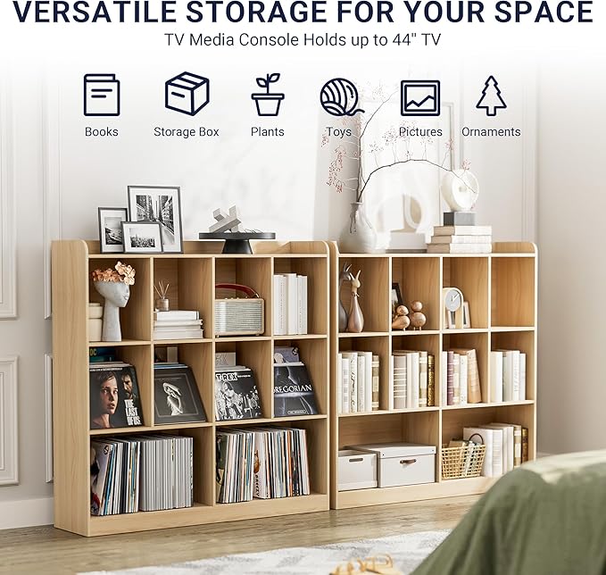 Cozy Castle Bookshelf, 3-Tier Open Bookshelf, 10 Cube Horizontal Bookcase, Storage Organizer with Anti-Tilt Device, Wood Bookcase for Home Office, Bedroom, Living Room, Oak