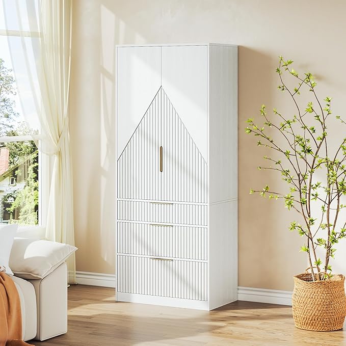 71.7" Wardrobe Armoire Wooden Closet with 2 Doors and 3 Drawers, Bedroom Armoire with Hanging Rod Shelf, Large Capacity Storage Wardrobe Armoire, Freestanding Wooden Closet Storage Cabinet White