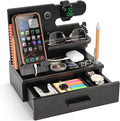 TESLYAR Wood Phone Docking Station with Drawer - Nightstand Organizer - Desk Organizer for Husband - Birthday Gifts for Men, Dad, Anniversary Idea, Key Holder Stand Watch & Accessories (Fumed Black)