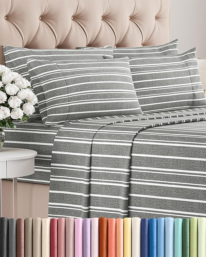 King 6 Piece Sheet Set - Cooling & Breathable Bed Sheets - Hotel Luxury Bed Sheets for Women, Men, Kids & Teens - Bedding w/Deep Pockets & Easy Fit - Soft & Wrinkle Free - King Grey Stripes Sheets