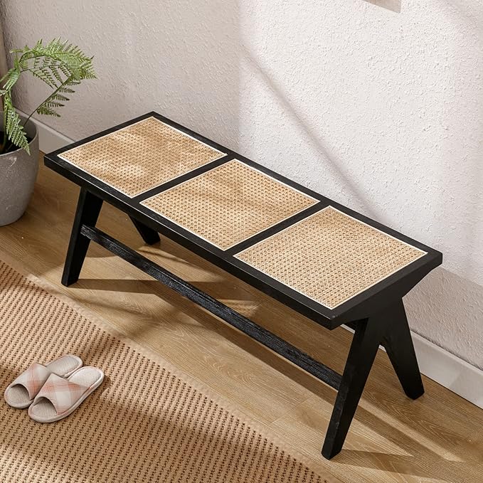 Farmhouse Rattan Entryway Bench, Wood Cane Dining Bench Long Seat with Footrest, Wicker End of Bed Storage Bench for Bedroom Living Room Dining Room Hallway, Black