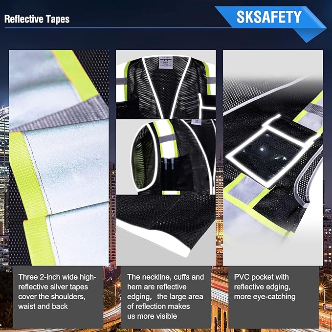 SKSAFETY 10 Pockets Safety Vest, Class 2 High Visibility Security with Zipper Double-sided mesh, Hi Vis Vest with Reflective Strips, ANSI/ISEA Standard, Construction Work Vest （Black, 4XL）