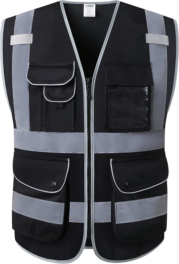 JKSafety 9 Pockets High Visibility Safety Vest for Men and Women, Hi-Vis Reflective Black Safety Vests with Zipper Front, Meet ANSI/ISEA Standards (159-Black XL)