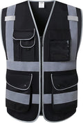 JKSafety 9 Pockets High Visibility Safety Vest for Men and Women, Hi-Vis Reflective Black Safety Vests with Zipper Front, Meet ANSI/ISEA Standards (159-Black 5XL)