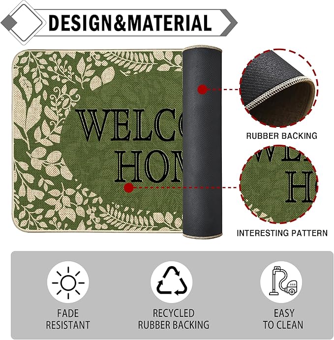 Welcome Spring Door Mat Green Leaves Doormat Indoor Outdoor Entrance Summer Decor Outdoor Rug Low-Profile Floor Rug Non Slip Spring Summer Decor Rubber Mats for Home Decoration 17x29Inch