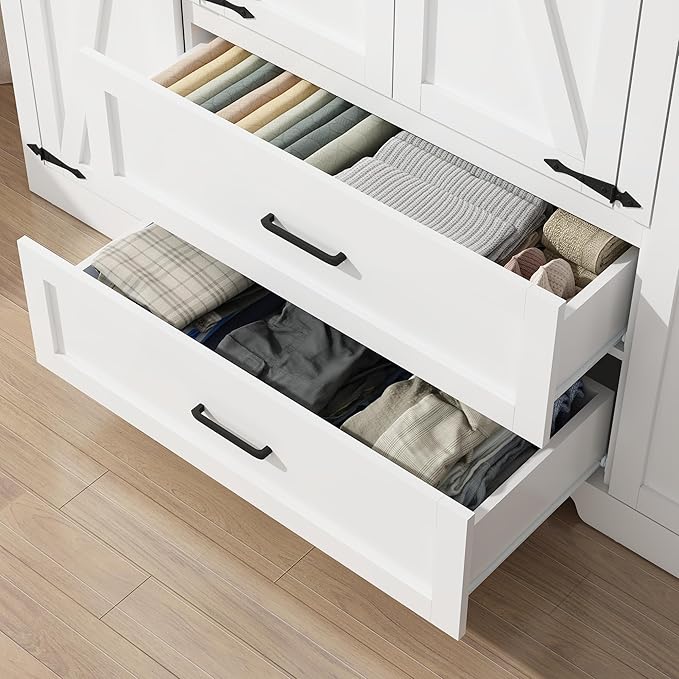 4 Doors Wardrobe Armoire Closet with Doors and Drawers, Farmhouse Wooden Armoire Storage Cabinet with Shelves & Hanging Rod for Bedroom, White