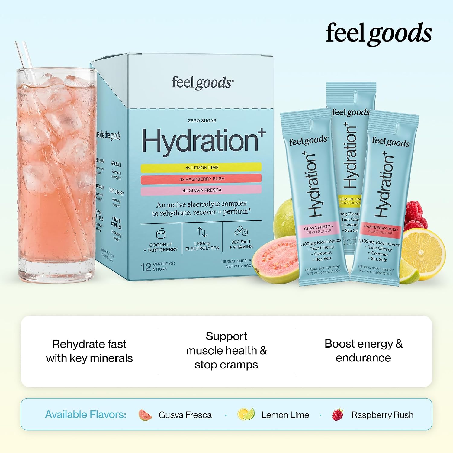 Feel Goods Hydration Hero, Variety Pack, 1,000mg Electrolytes Powder, Sugar Free, Magnesium, Organic Aloe Vera, L Theanine, Vitamin C, Vegan, Non GMO, On The Go Electrolyte Packets, 12 Count