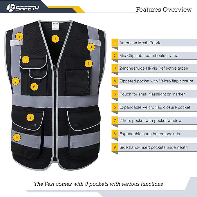 JKSafety 9 Pockets High Visibility Safety Vest for Men and Women, Hi-Vis Reflective Black Safety Vests with Zipper Front, Meet ANSI/ISEA Standards (159-Black XL)