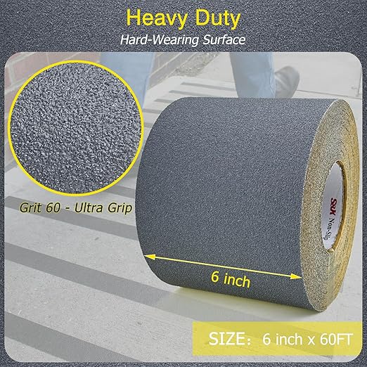 S&X Gray Anti Slip Tape 6 Inch x 60 FT Roll, Ultimate Non-Slip Skid Grip Tape for Outdoor Stair Treads, Wooden Steps & Exterior Grips, Grit 60, Waterproof, Extra-Durable