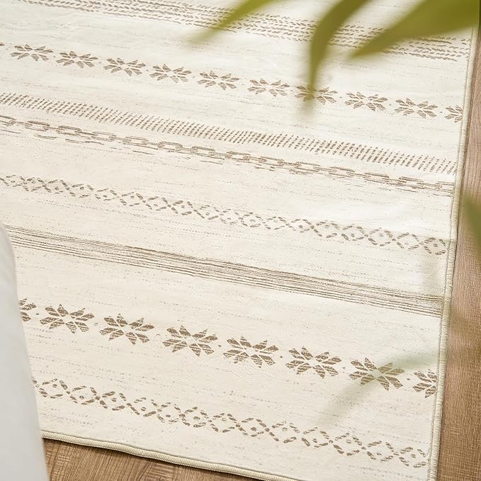 jinchan Moroccan Boho 8x10 Area Rugs for Living Room - Machine Washable Neutral Soft Throw Rug Bohemian Ripple Design Non-Slip Carpet for Bedroom Dining Room Home Office (8‘x10', Beige)