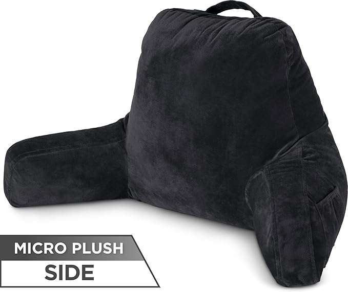Husband Pillow Aspen Stable Black, Reading Pillow Bed Rest Chair, Two-Sided Reversible Fabric, Large Lounge Cushion Adult Backrest with Arms, Comfy Back Support for Sit Sitting Up, Wash/Remove Cover