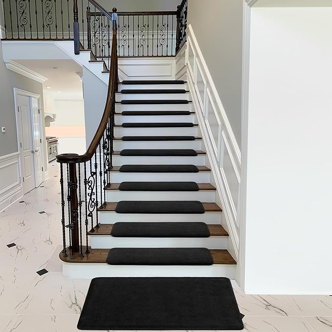 PURE ERA Carpet Stair Treads Ultra Plush 9.5" X 30"Soft Bullnose Indoor Stair Protectors Pet-Friendly Non-Slip Skid Resistant Tape Free Washable Reusable(7 Pieces,Black)