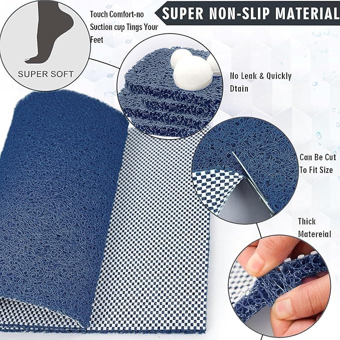godehone Shower Mats Non Slip Without Suction Cups, PVC Loofah Bathroom Mats, Loofah Mats for Shower and Bathroom, Quick Drying, 23.6× 34.6 Inch, Blue