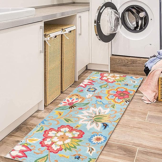 Beeiva Floral Rug Runners for Hallways, 2x5 Ultra Thin Colorful Kitchen Runner Rug Washable, Vintage Plant Non-Shedding Bathroom Front Door Rug Non-Slip Hallway Runner Rug for Entryway Bedroom Kitchen