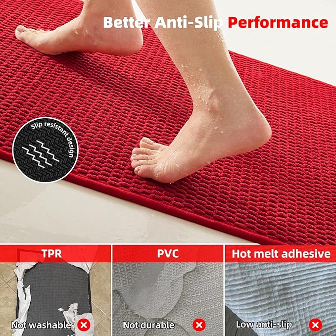 Christmas Bathroom Rugs Non Slip Washable, Super Absorbent Thin Bath Mat Quick Dry Low Pile Bathroom Rug, Red 24"x36"