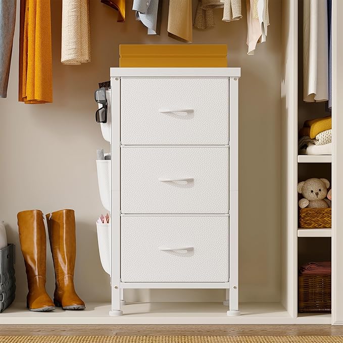 EnHomee Tall Nightstand, Night Stand with Drawers for Bedroom, Bedside Table with Wooden Top, Sturdy Steel Frame End Table, Dorm Nightstand for Bedroom, Entryway, Hallway, Closet, Cloth Bags,White