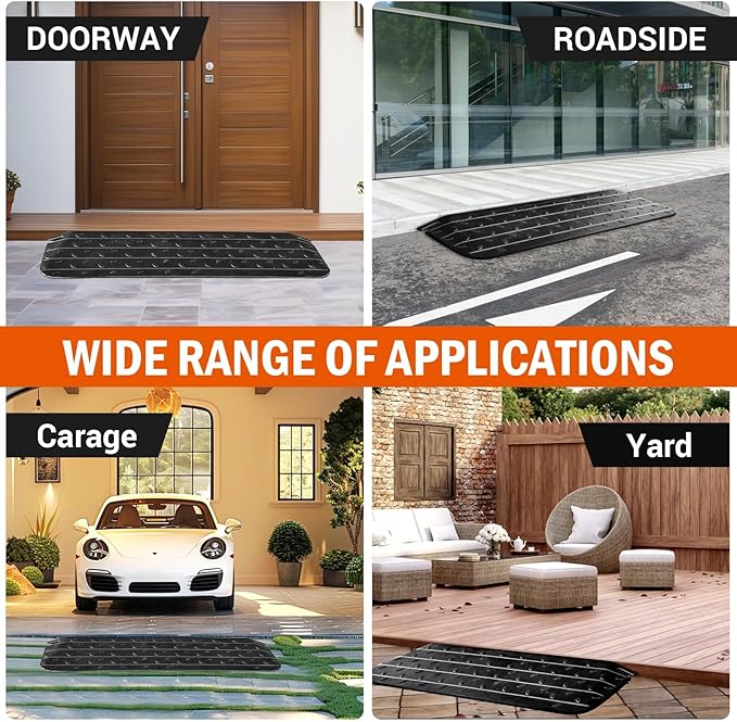 Rubber Wheelchair Threshold Ramp, 1"/1.5"/2"/2.5"/3"/3.5"/4" Rise Options, Wheelchair Ramp 7000Lbs Load Capacity, Non-Slip Textured Surface for Wheelchairs, Scooters (4.0" Rise)