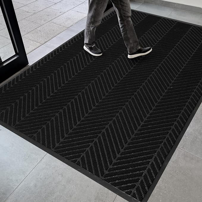 4′ x 8′ Heavy Duty Front Door Mat Indoor Outdoor Entrance, Large Non-Slip All Weather Commercial Floor Mat for Entryway, Low Profile Waterproof Outdoor Rug for Garage (48" x 96", Black)