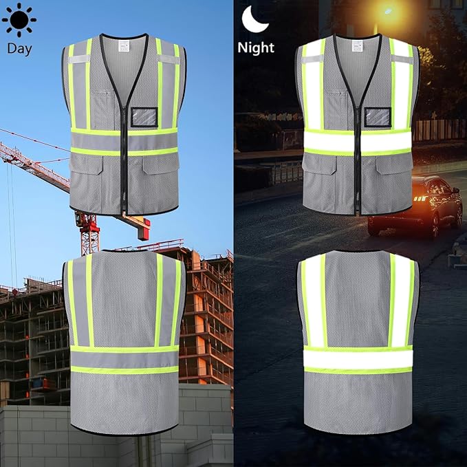 Reflective Safety Vest for Men Women Hi Vis Vest with Pockets High Visibility Vest Mesh Construction Vests Meets ANSI/ISEA Standards (Grey-33, X-Large)