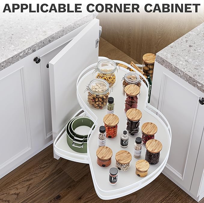DWVO Corner Cabinet Organizer, 2-Tier Blind Corner Pull Out with 270° Rotating Shelf, Right Swing Tray, Heavy-Duty Iron, Easy-Install Template, 32.7"x17.3"x21.3", White