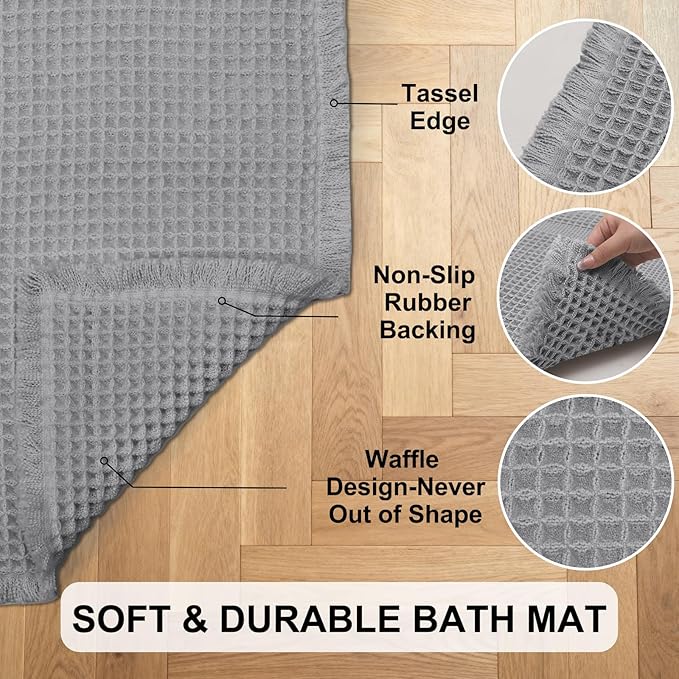 Hiasan Waffle Bath Mat, Super Absorbent Non Slip Bathroom Boho Rug with Tassels, Machine Washable Bath Mats for Bathroom, Ultra Soft Rubber Backed Rug, Grey, 24 x 60 Inches