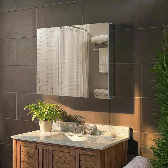 Fine Fixtures Bathroom Medicine Cabinet, Aluminum, Recessed/Surface Mount, 36" x 30", Right/Left Hinged, Mirrored Interior