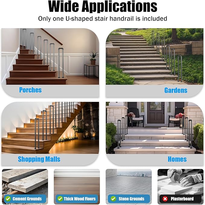 Stair Handrail Matte Black U-Shaped Industrial Wrought Iron Railing Non-Slip Safety Indoor Or Outdoor Elderly Children's Support Poles, Home for Garden Loft Corridor Villa Hotel