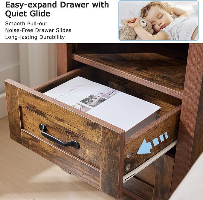 Brown Night Stand Set of 2, Rustic End Table with Charging Station, Farmhouse Tall Nightstand for Bedroom, Drawer Dresser Bedside Table with Open Storage Shelf