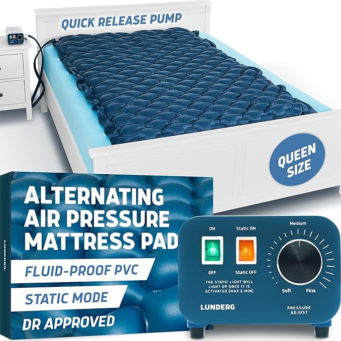 Lunderg Queen Size Alternating Air Pressure Mattress Pad with Static Mode - Comfortable Bed Sore Prevention - Includes Waterproof Mattress Topper 53" x 77" & Quiet Pump - Recommended by Doctors