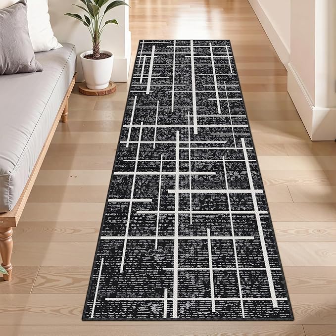 Washable Runner Rug 2x6, Modern Distressed Stripe, Kitchen Runner Rug Non Slip, Woven Thin No Shed Runners for Entryway, Kitchen, Laundry Room- Midnight Black