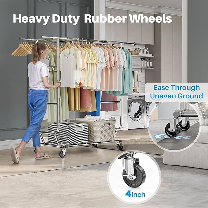 HOKEEPER Clothes Rack Heavy Duty Clothing Rack Load 650 LBS Collapsible Garment Rack with Wheels Double Rod Clothes Rack for Hanging Clothes Commercial Portable Closet Rack with Shelves 22"D*75"W*68"H