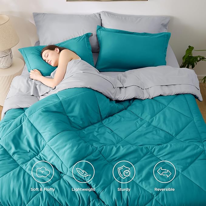 Bedsure King Size Comforter Set - 7 Pieces Reversible Teal Bedding, King Size Bed Set for All Seasons, Bed in a Bag with Down Alternative Comforter, Sheets, Pillowcases & Shams