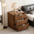 Grooved Wood End Table with 3 Drawers, Curved Edge Storage Side Table, Three Drawer Nightstand Compact Sofa Bedside Table for Bedroom, Living Room and Small Spaces, Walnut