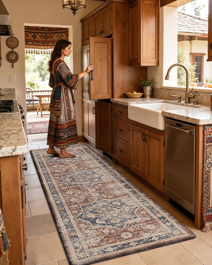 DEXI Kitchen Floor Mats Anti Fatigue, 17x29+17x59 Large Cushioned Runner Rug Waterproof, Standing Comfort Memory Foam Padded for Front Sink Laundry Office Set of 2, Reddish Brown