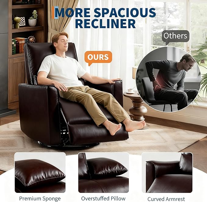IDEALHOUSE Swivel Rocking Nursery Recliner Chair Rocker Recliner Glider Deep Seat PU Leather Sofa Chair with high Backrest for Nursery, Living Room, Bedroom & Home Movie Theater (Dark Brown)