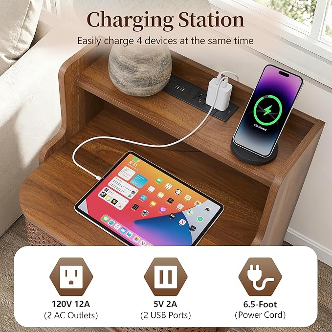 Metal Rattan End Table with Charging Station, Mid Century Modern Nightstand with 2 Doors, Bed Side Table with Storage for Couch,Living Room,Small Spaces, Sofa Side Table for Office,Dorm - Walnut