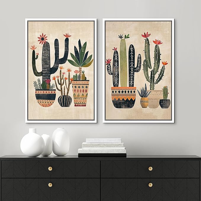 MUDECOR Framed Canvas Print Wall Art Set Mexican Cactus Tropical Botanical llustrations Modern Art Decorative Bohemian Calm/Zen for Living Room, Bedroom, Office - 16"x24"x2 White